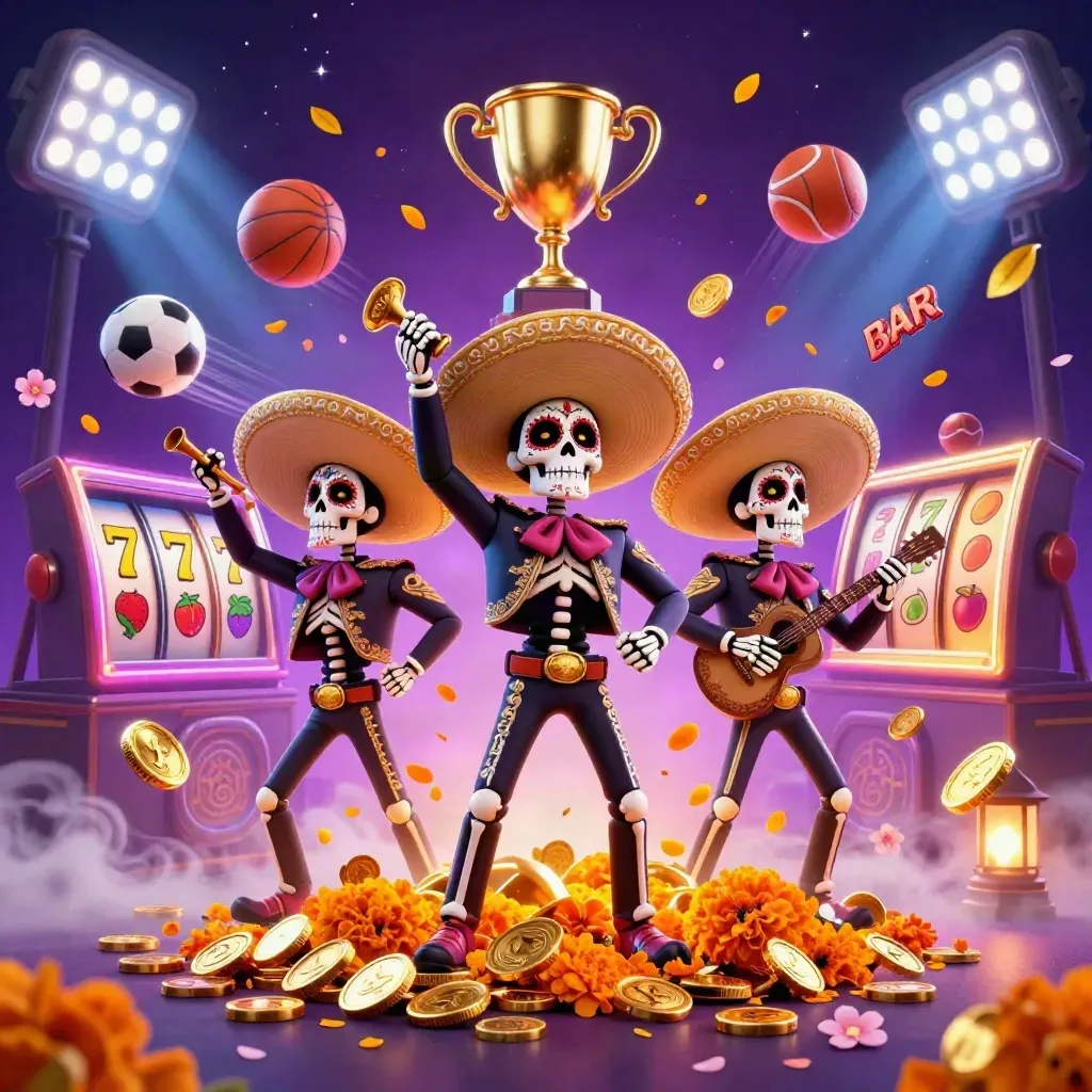 Skeleton mariachi trio amid coins, sports balls, fireworks, slot symbols and neon casino glow.