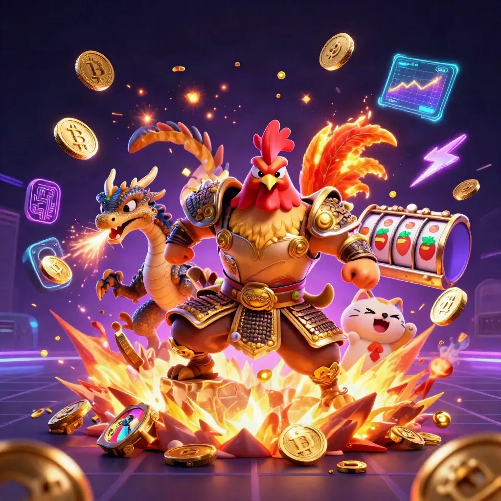 Rooster samurai, spark-breathing dragon hatchling, and fortune cat amid neon casino treasure chaos.