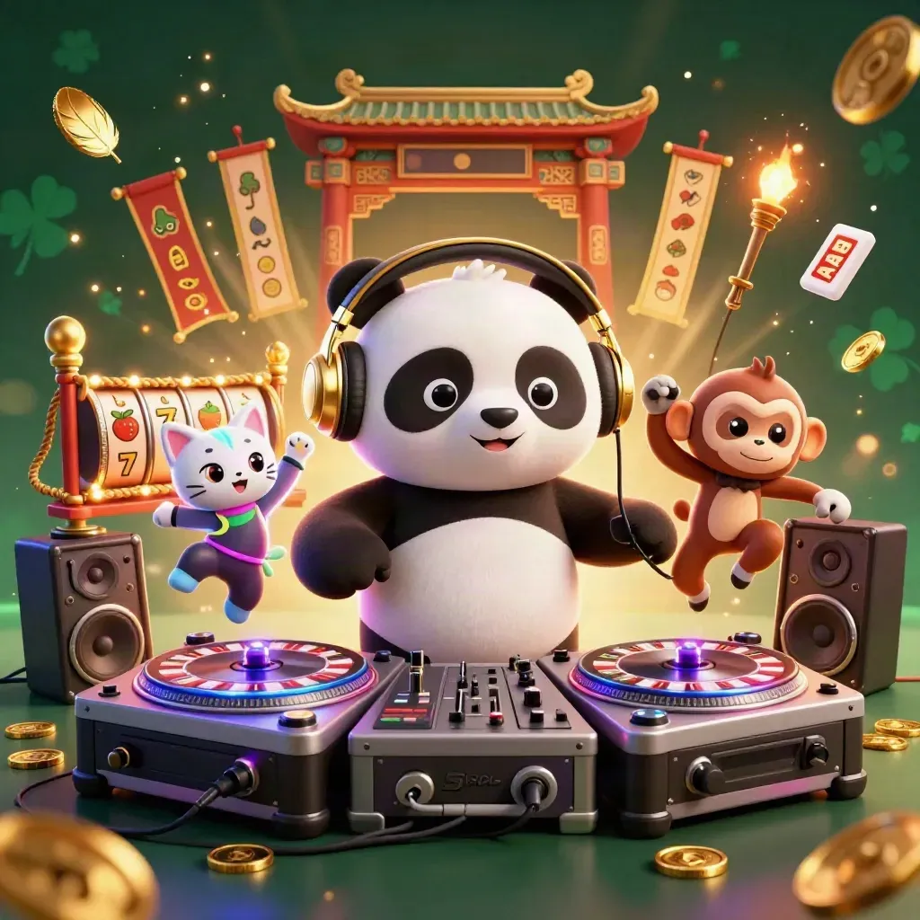 Panda DJ, dancing monkey, and rave kitten amid casino reels and gold sparks
