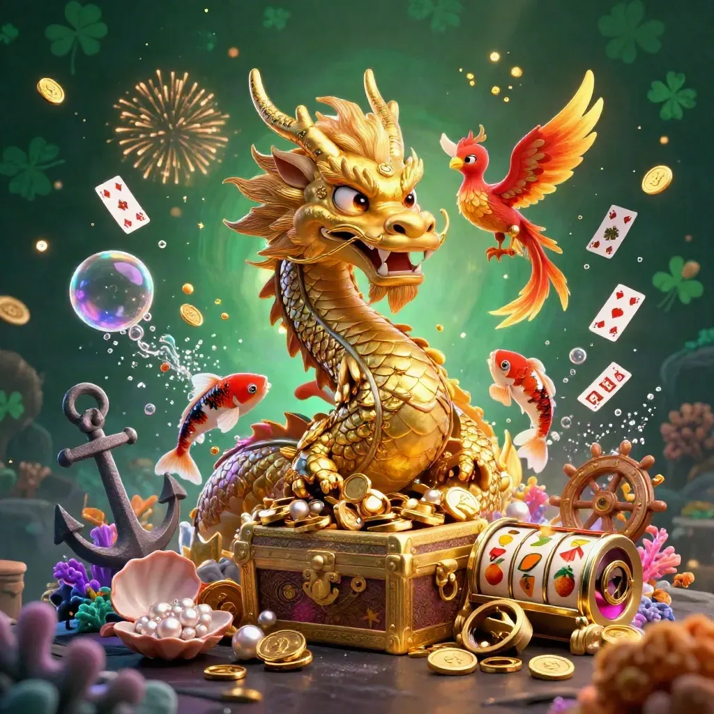 Golden dragon, phoenix, koi, coins, and slot symbols exploding in a premium casino fantasy scene.