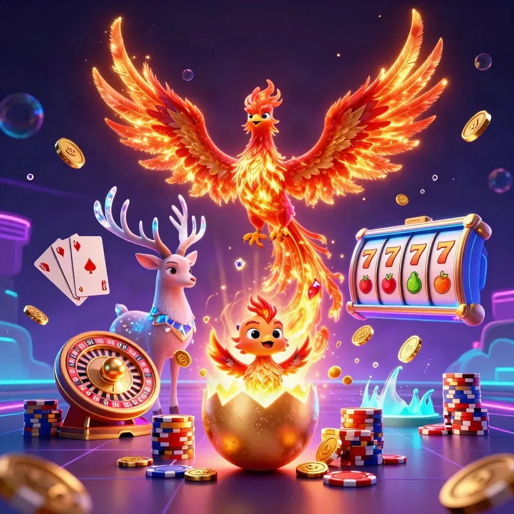 Phoenix, hatching baby phoenix and crystal-antler stag amid casino coins, cards and glowing reels