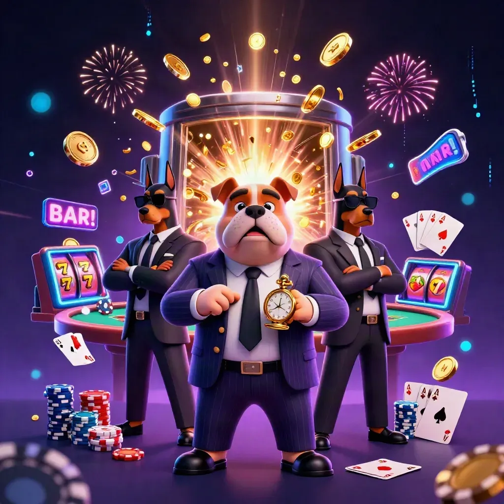 Bulldog mob boss with Dobermans amid coins, chips, reels, fireworks, and neon casino glow
