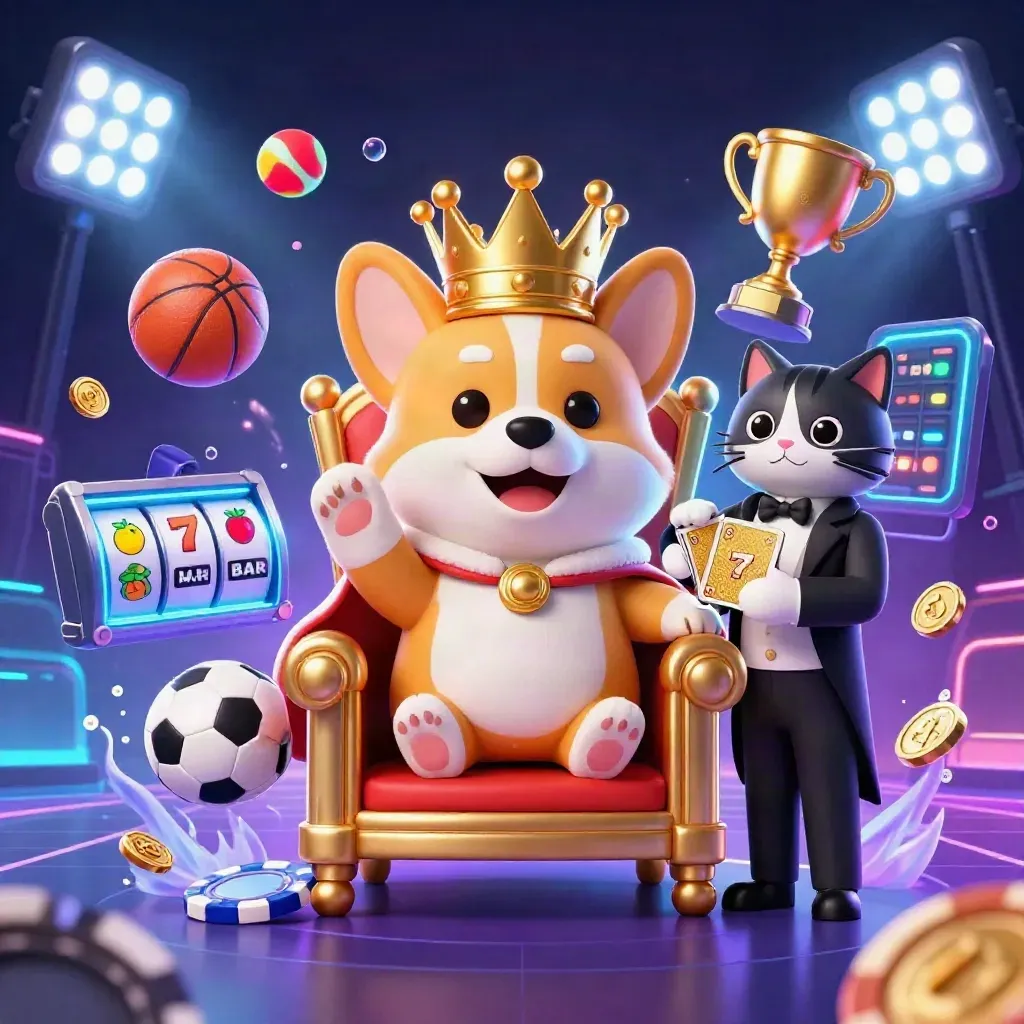 Royal corgi and cat butler amid casino loot, flying sports balls, gold coins, and neon slot effects.