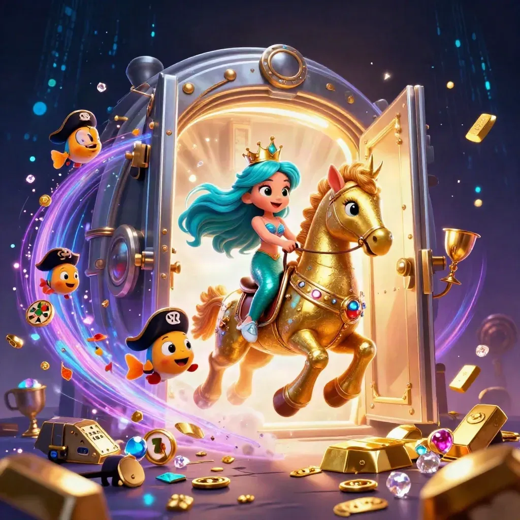 Mermaid princess rides armored seahorse amid pirate fish, treasure, gems, and glowing casino effects.