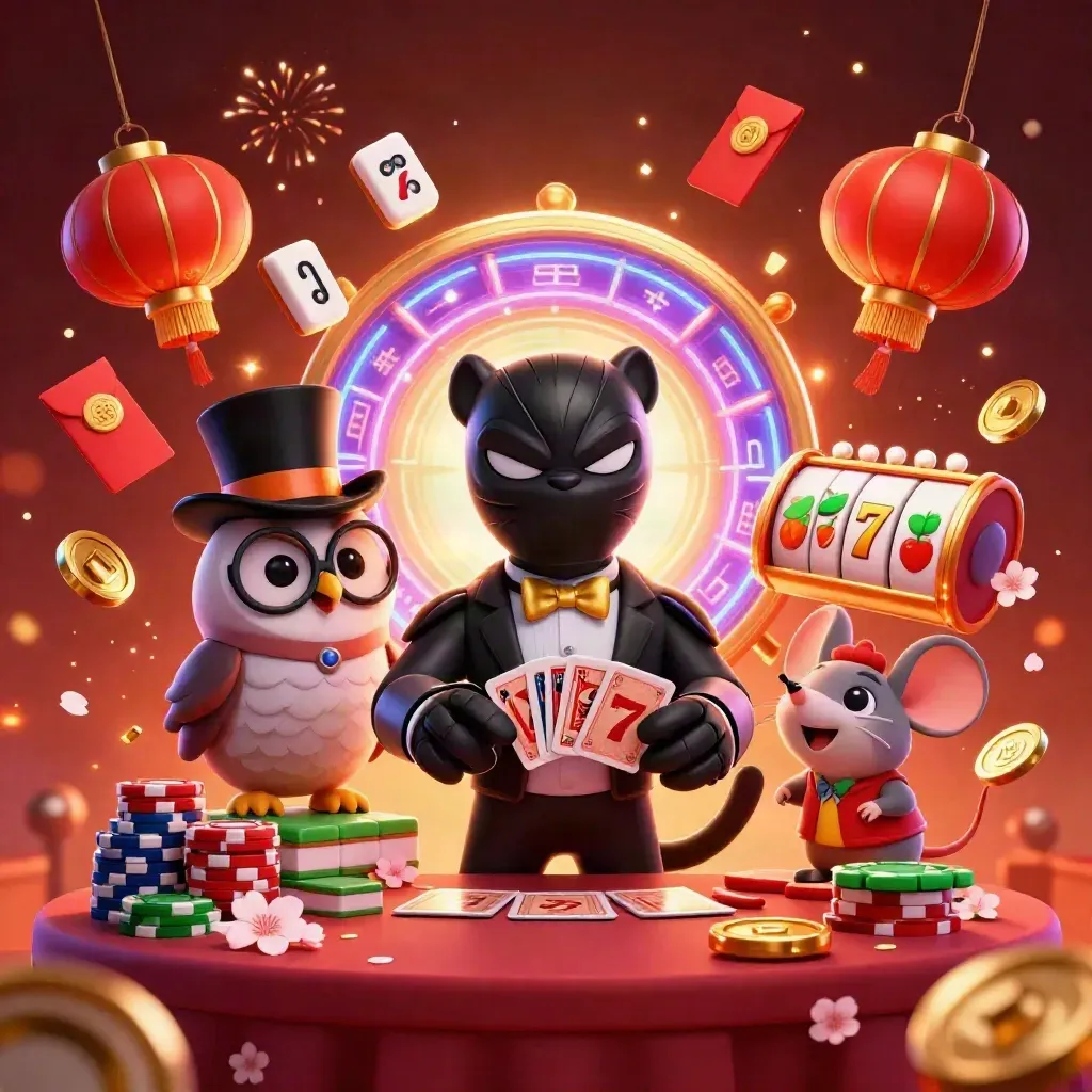 Panther, owl, and mouse amid casino symbols, glowing chips, lanterns, and jackpot effects.
