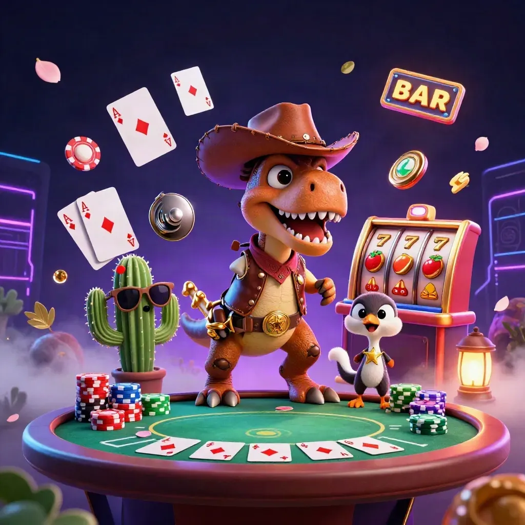 Cowboy T-Rex, cactus sidekick, and sheriff roadrunner amid neon casino loot and chips.