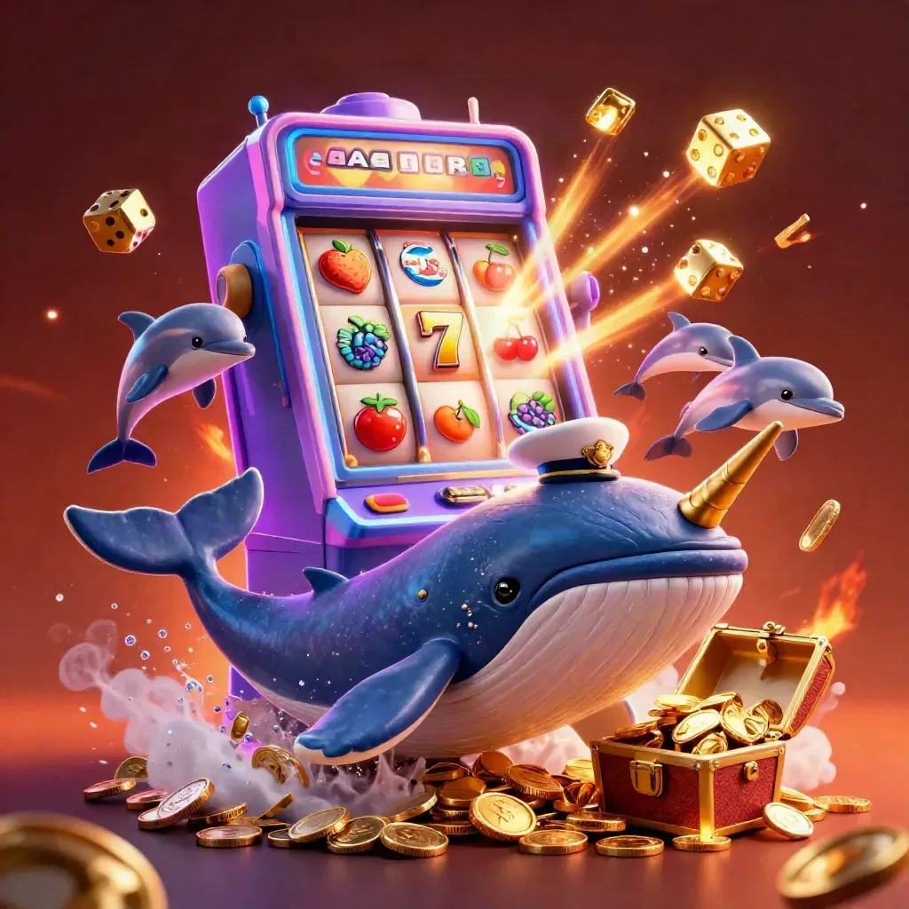 Captain whale, golden narwhal and chip-trick dolphins amid slot bursts, coins and gold glow.