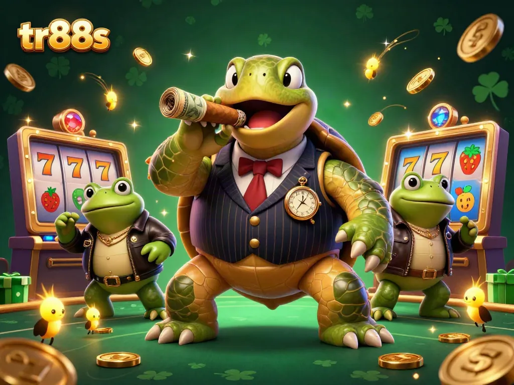 Engage with tr88s as the colorful turtle leads a vibrant casino scene filled with dynamic slot elements.