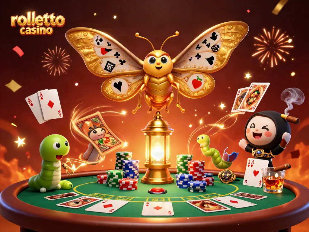 Experience the excitement of rolletto casino with vibrant poker action around a playful atlas moth.