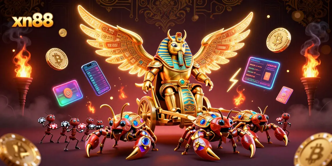 Xn88 showcases a spectacular casino scene with a golden beetle and scorpions amid vibrant crypto symbols.