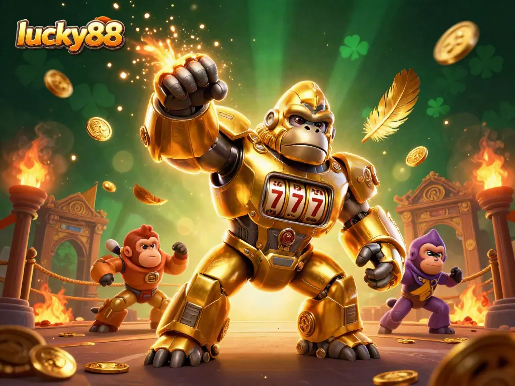 Experience the excitement of lucky88 with a dynamic golden gorilla mech bursting with coins and action.