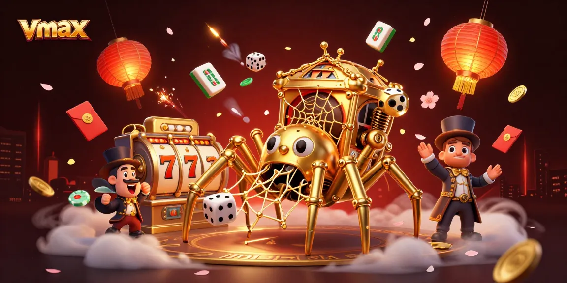 Experience vmax gaming excitement in a vibrant casino scene with golden spider and colorful game elements.