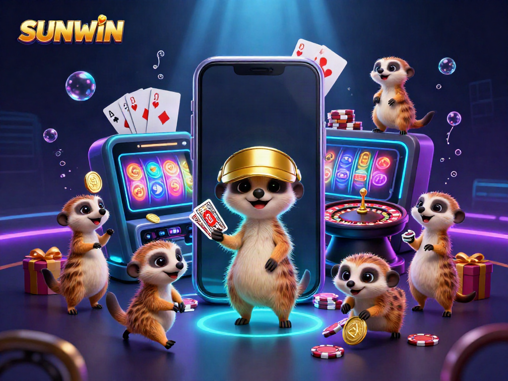 SUNWIN casino scene featuring playful meerkats managing games, vibrant graphics, animated slot elements.
