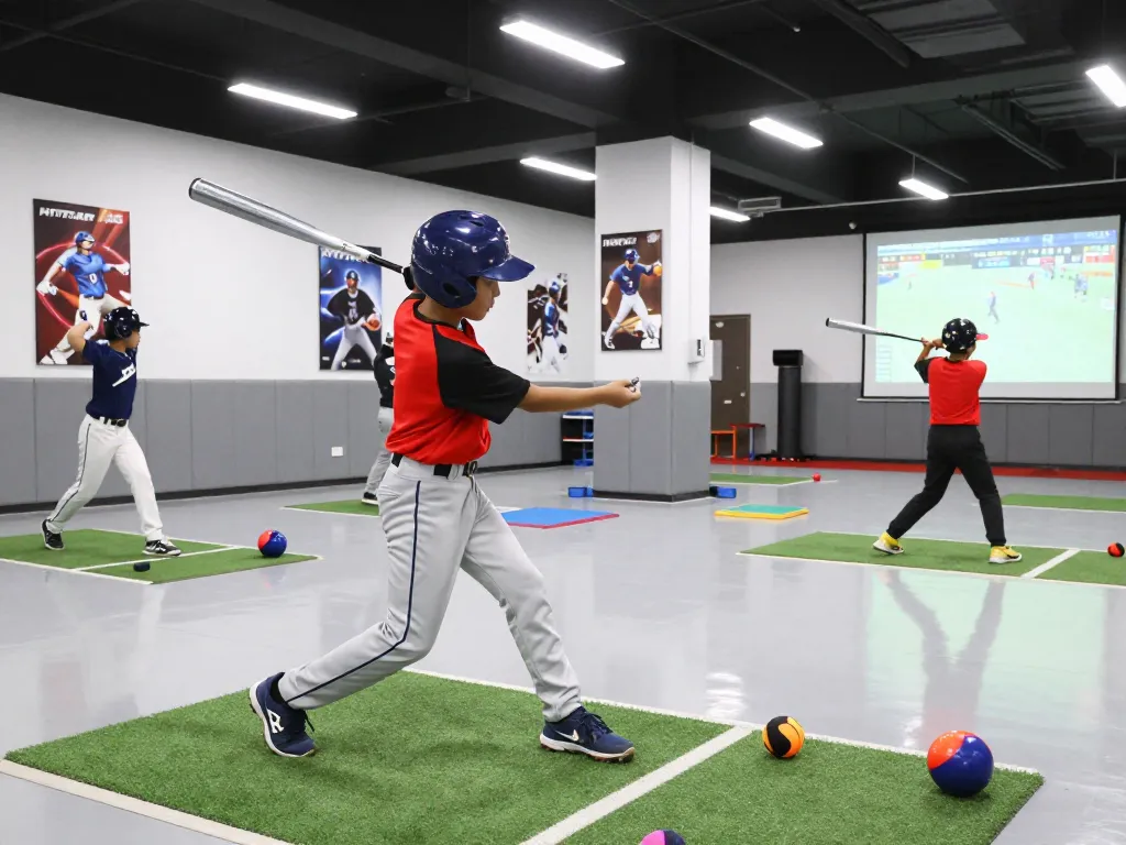 Young athlete at a hit club training session perfecting batting skills with advanced technology.