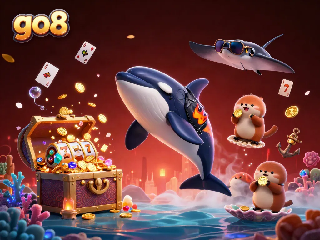 Engage with go8 as the orca leaps with style while otters hold treasure and gaming elements float around.