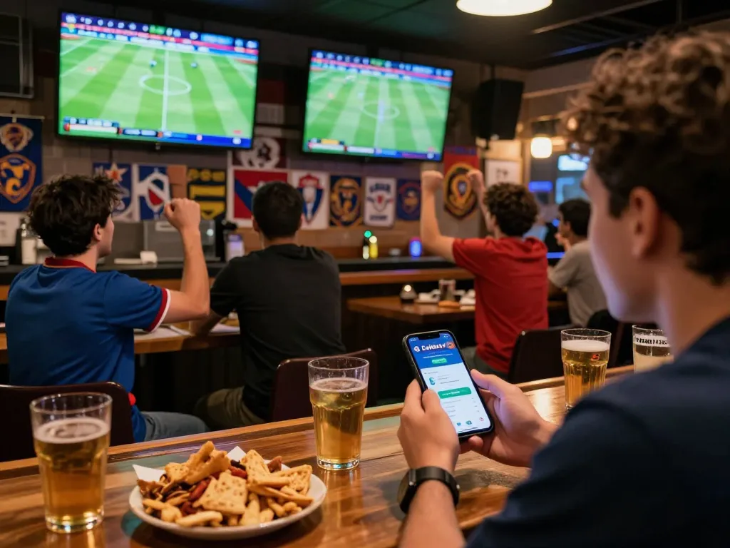 Cakhiatv user engaged in live sports betting at a bustling sports bar while celebrating a match.