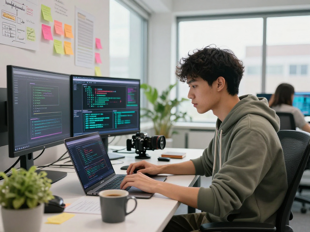 Younger programmer focused on AI algorithms in a dynamic workspace, showcasing creative tech solutions.