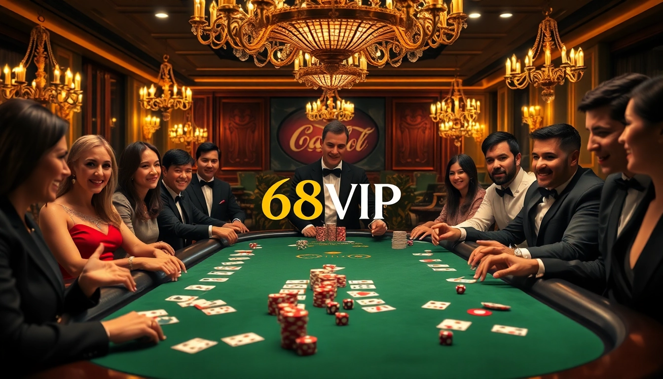 Exciting gaming action at 68VIP casino with players at a poker table.