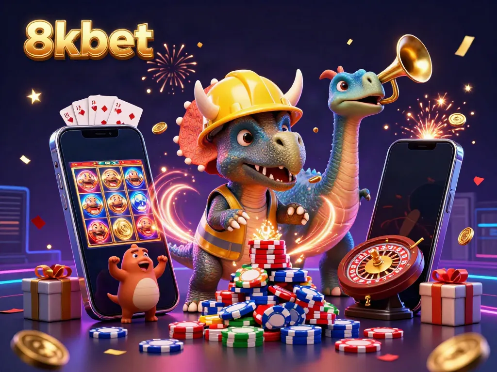 8xbet features a triceratops and parasaurolophus engaging in fun casino activities with slot games.