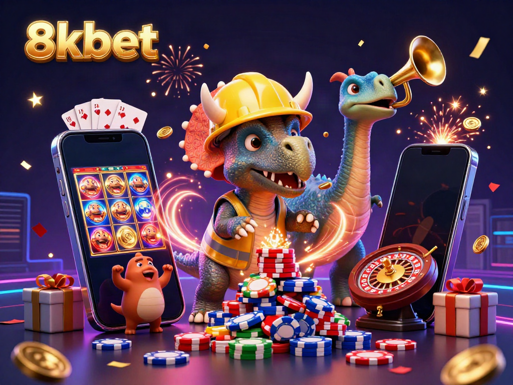 8xbet features a triceratops and parasaurolophus engaging in fun casino activities with slot games.