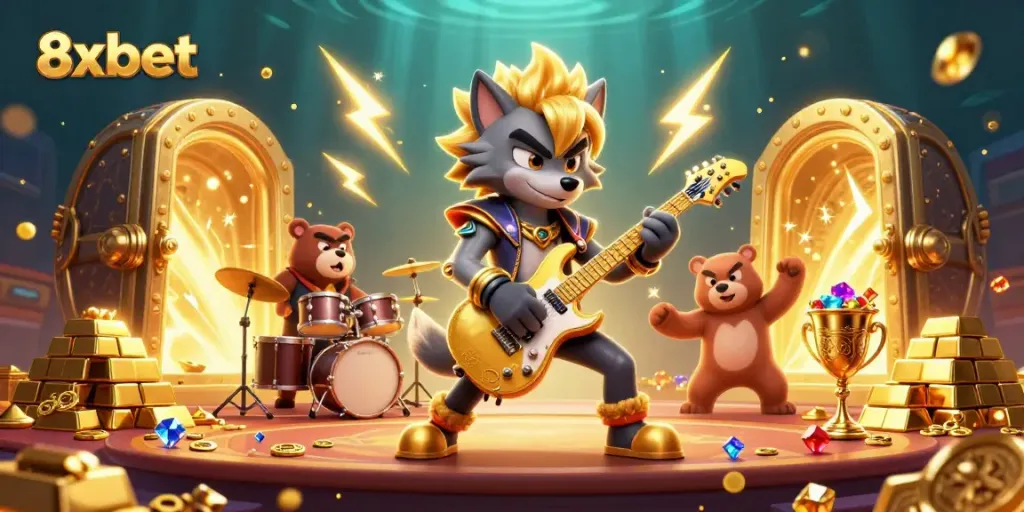 Experience thrilling action with 8xbet featuring a rock star wolf and drummer bear in a dazzling casino scene.