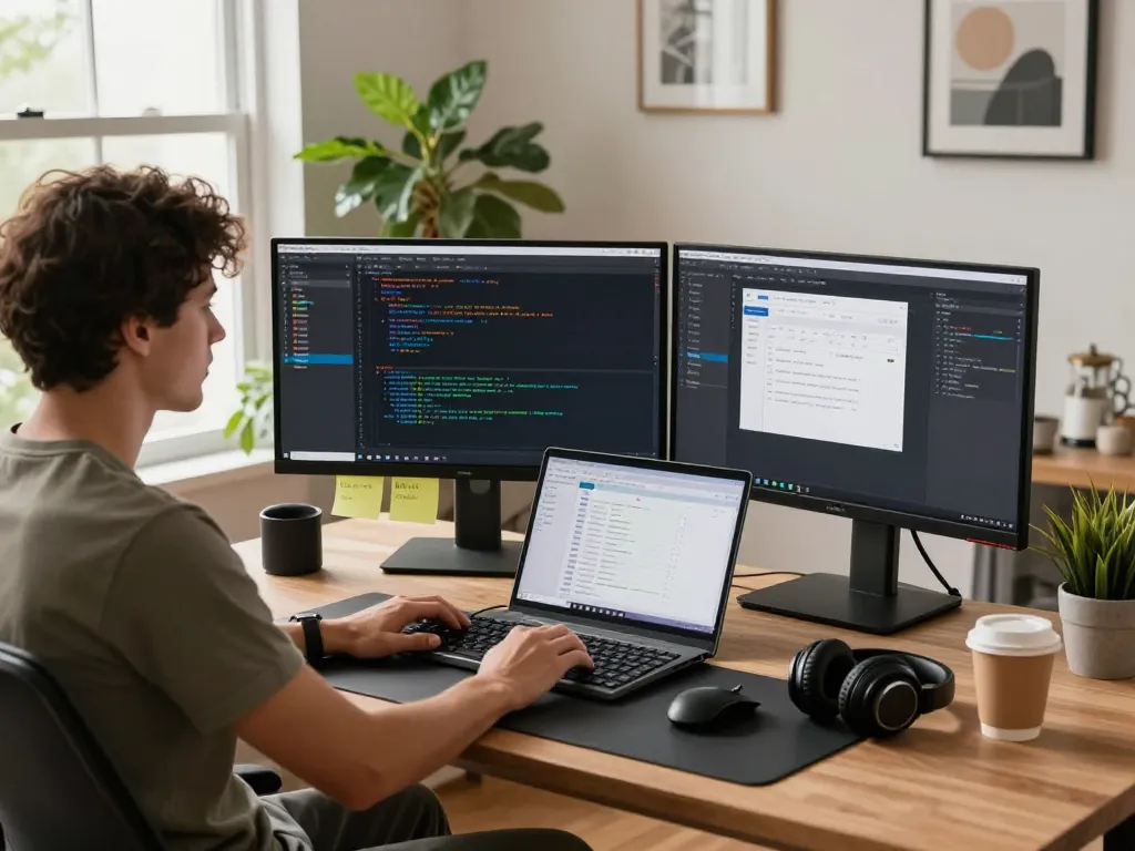 Moltbot mac installation scene highlighting a modern workspace with dual monitors and coding elements.