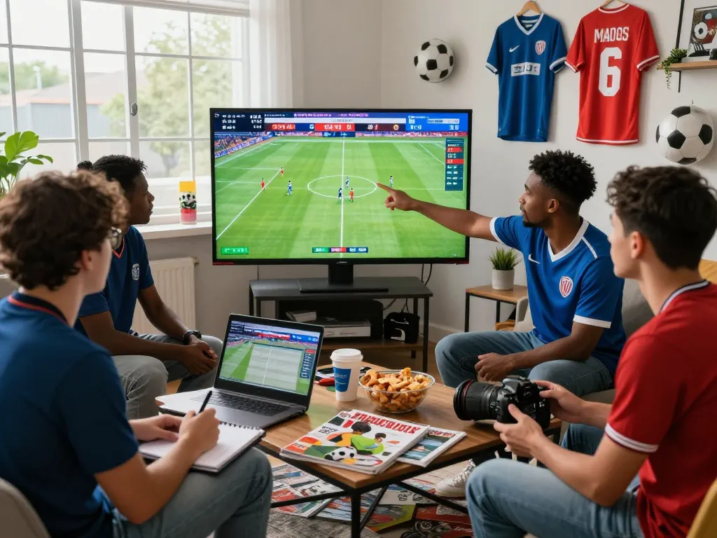 Live football analysis scene showcasing nowgoal scores and engaging enthusiasts in discussion.