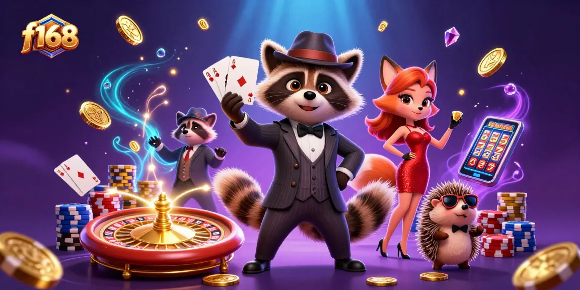 Play and win big at f168 with vibrant casino action featuring a fox, raccoon, and hedgehog.