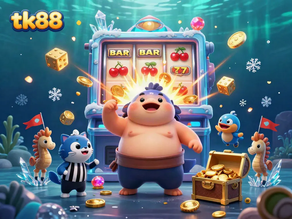 Experience jackpot excitement at tk88 with a vibrant underwater casino scene filled with colorful characters and coins.