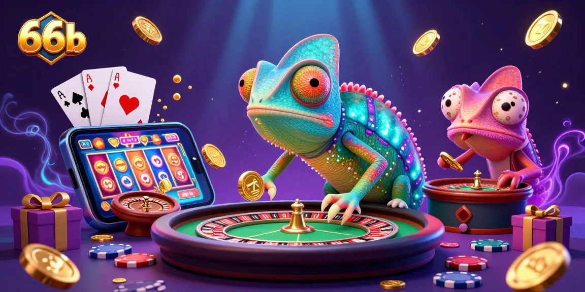Experience the vibrant energy of 66b with a chameleon casino owner, poker excitement, and jackpot elements.