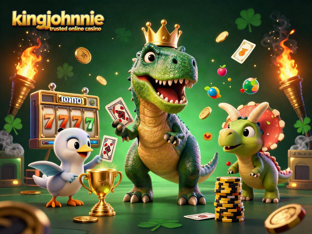 Experience excitement at kingjohnnie trusted online casino with whimsical characters battling at a card table.