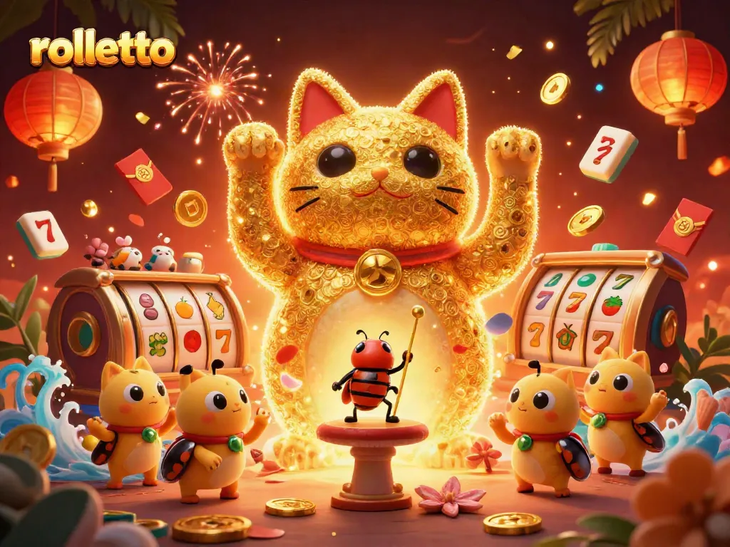 Engage with rolletto as a giant lucky cat inviting players in a vibrant casino atmosphere.
