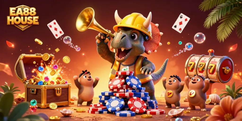 Engage with thrilling gaming action at EA88 HOUSE, featuring vibrant casino elements and dynamic characters.