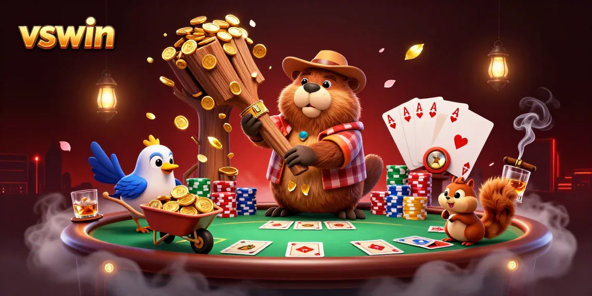 Experience the excitement of vswin with cartoon characters enjoying poker, gold coins, and vibrant casino action.