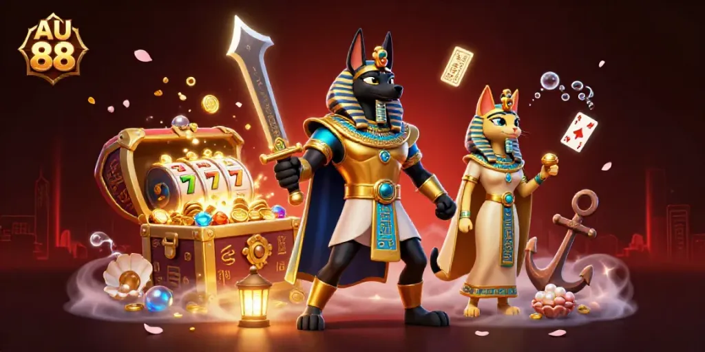 Experience thrilling slots and gameplay in an AU 88 themed illustration featuring Anubis and treasure.