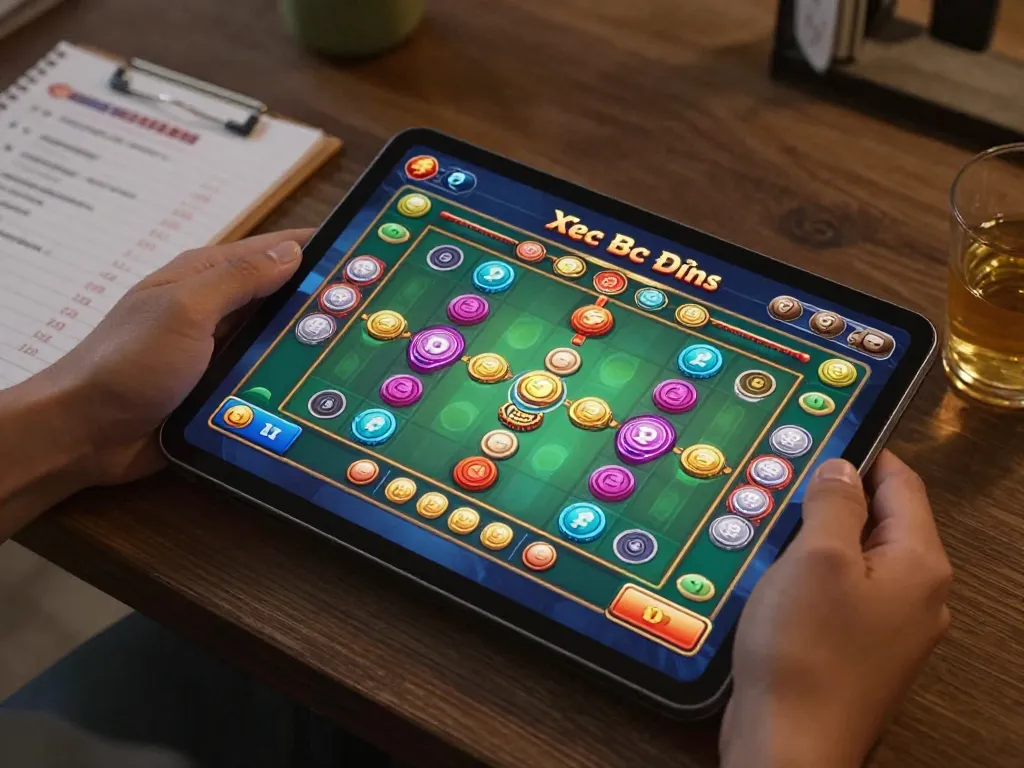 Xóc đĩa gameplay on a mobile tablet, showcasing vibrant game graphics while a player engages in casual online betting.