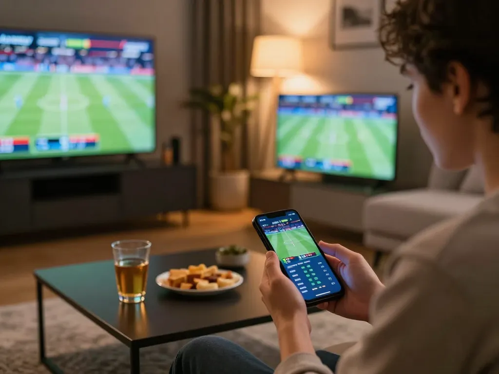 Engaging in F8BET sports betting on smartphone from a modern living room with multiple screens.
