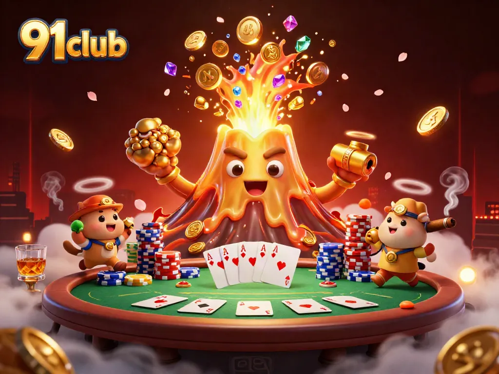 Engage with the 91 club by enjoying thrilling games amidst a treasure eruption scene.
