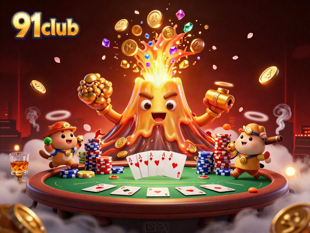 Engage with the 91 club by enjoying thrilling games amidst a treasure eruption scene.