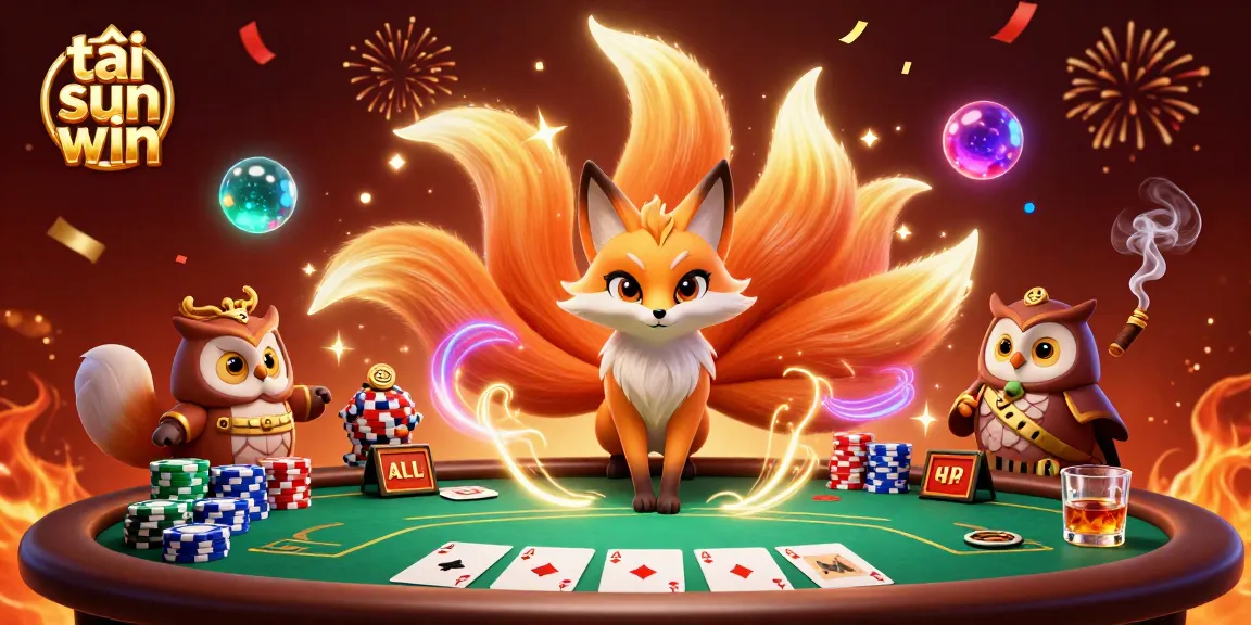 Experience the vibrant world of tải sun win with animated fox and owl characters at an exciting poker table.