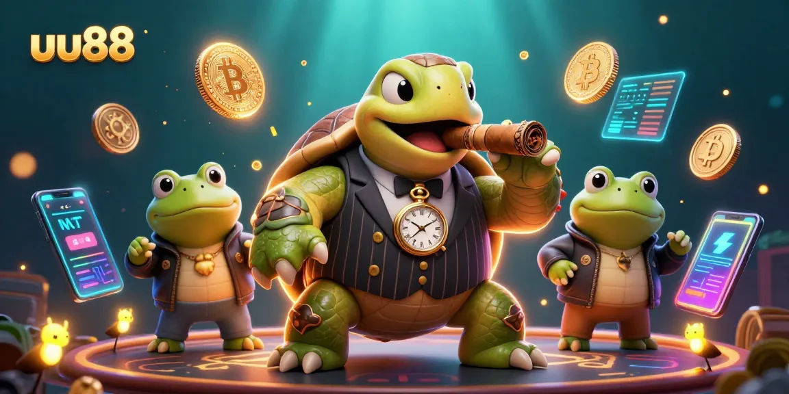 uu88 presents a vibrant turtle mobster and bullfrog enforcers amidst a casino scene bursting with crypto elements.