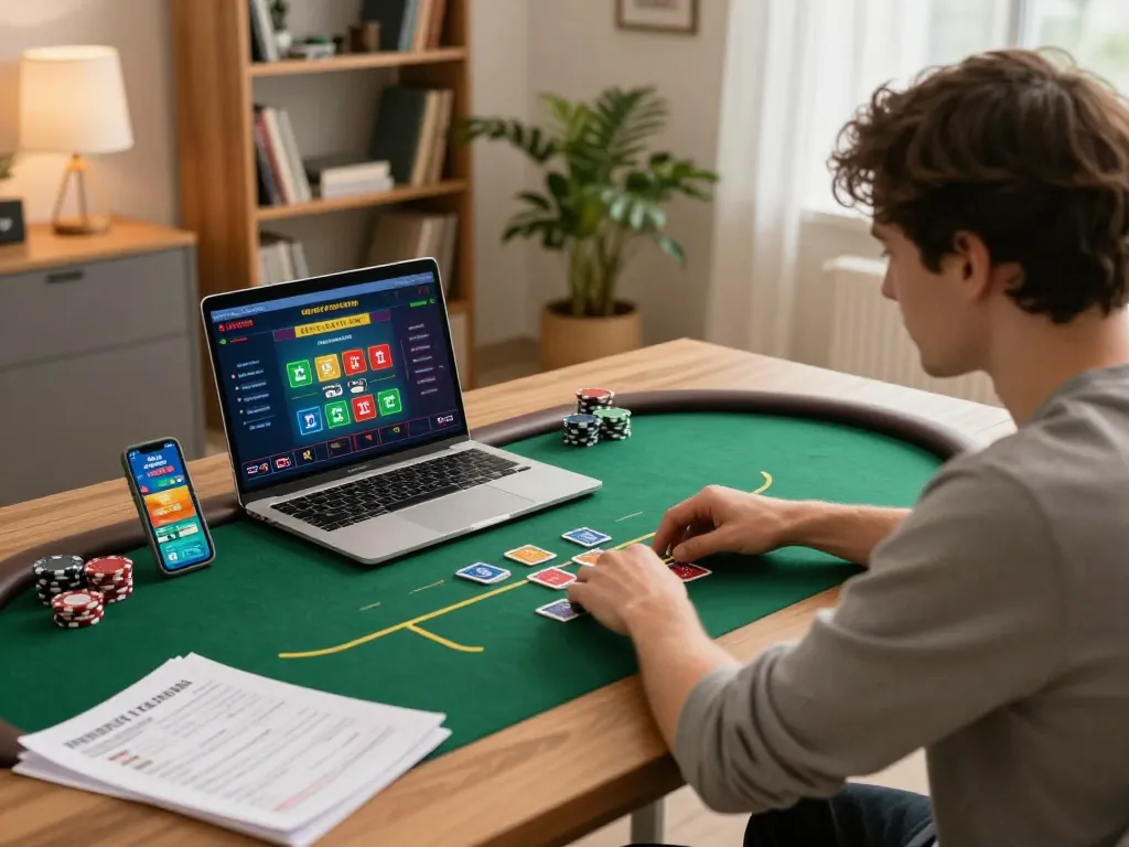 Engaging in an online poker game on a laptop at home, showcasing strategic gameplay with lsa.