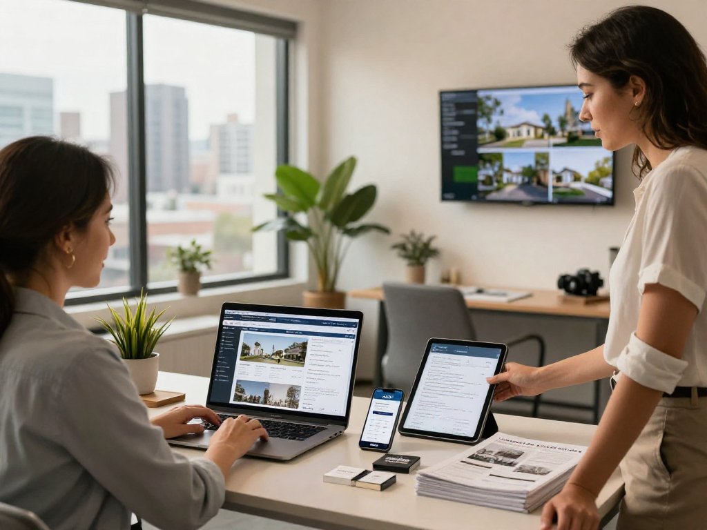 Real estate professional using IDXSTAR app in modern office space