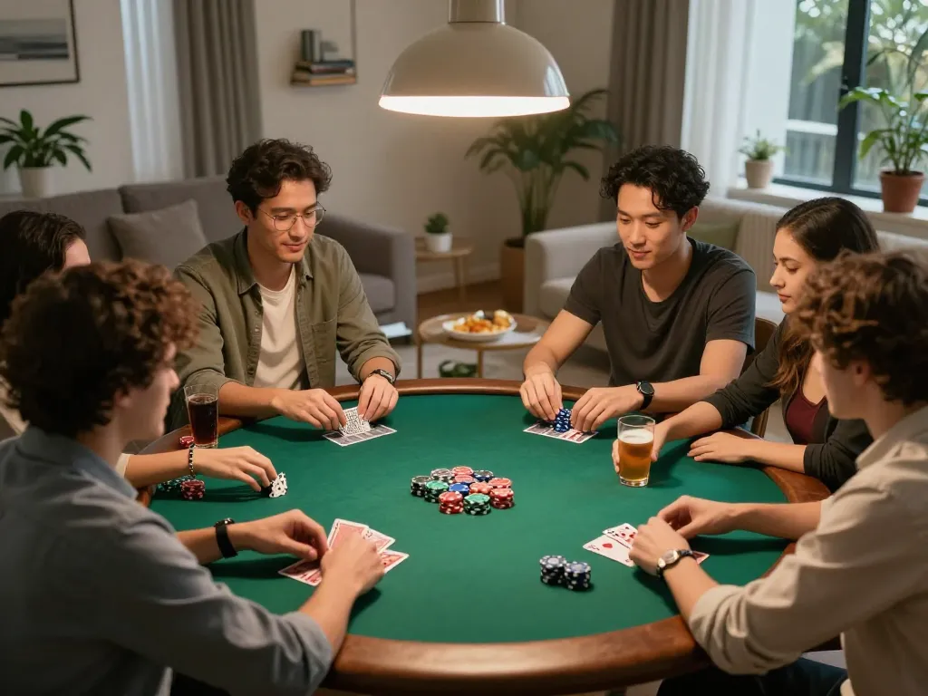 Bongdalu88 poker night scene with friends engaged in strategic gameplay, warm and inviting atmosphere