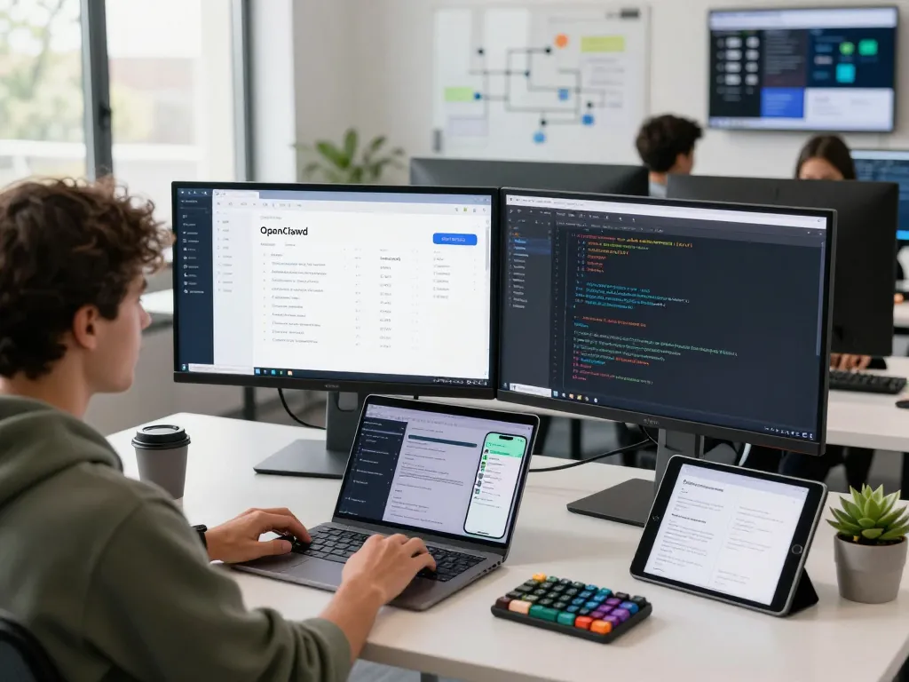 Open claw showcased in a modern tech workspace with dual monitors, coffee, and plants