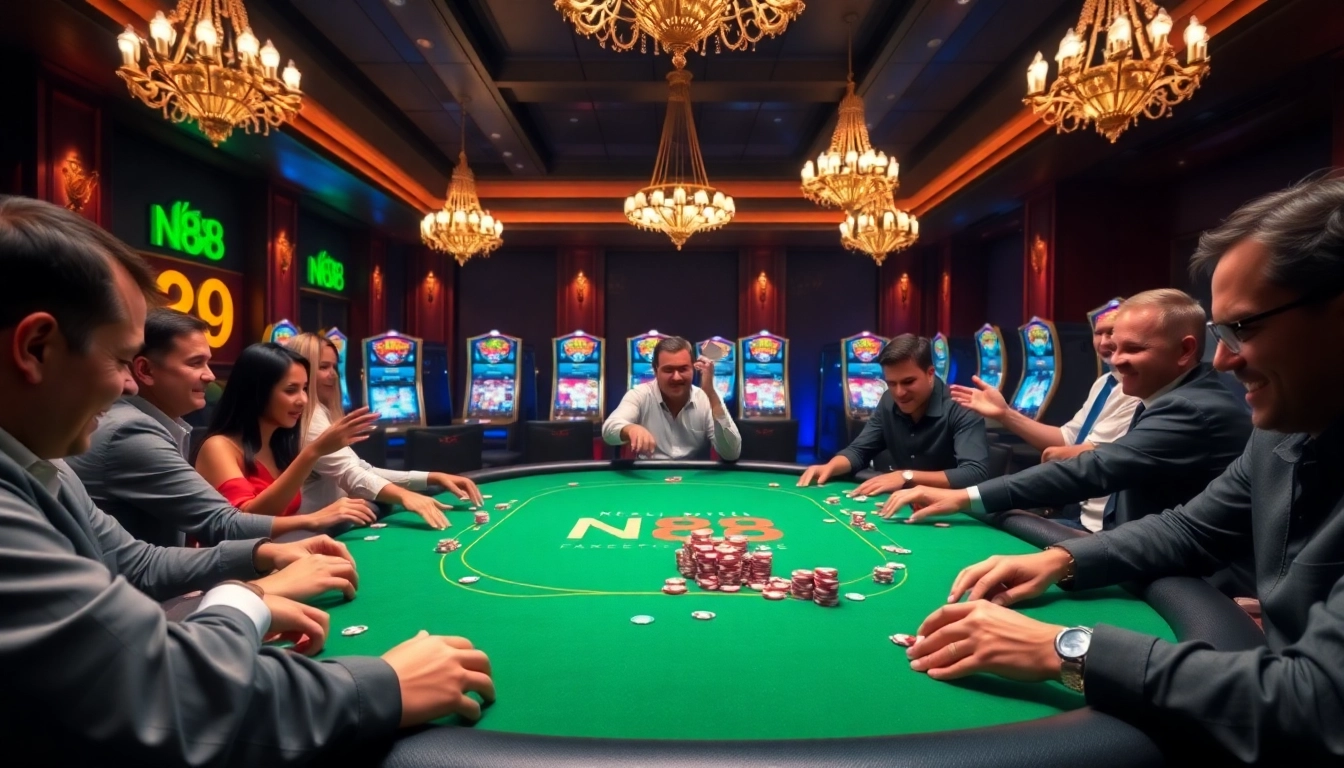 Players enjoying a thrilling game at the NK88 casino table with colorful chips and cards.