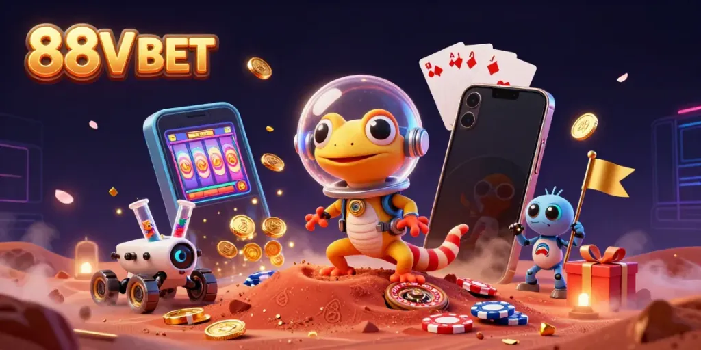 Engage with 88V BET's vibrant casino exploration featuring a Martian gecko and exciting gaming elements.