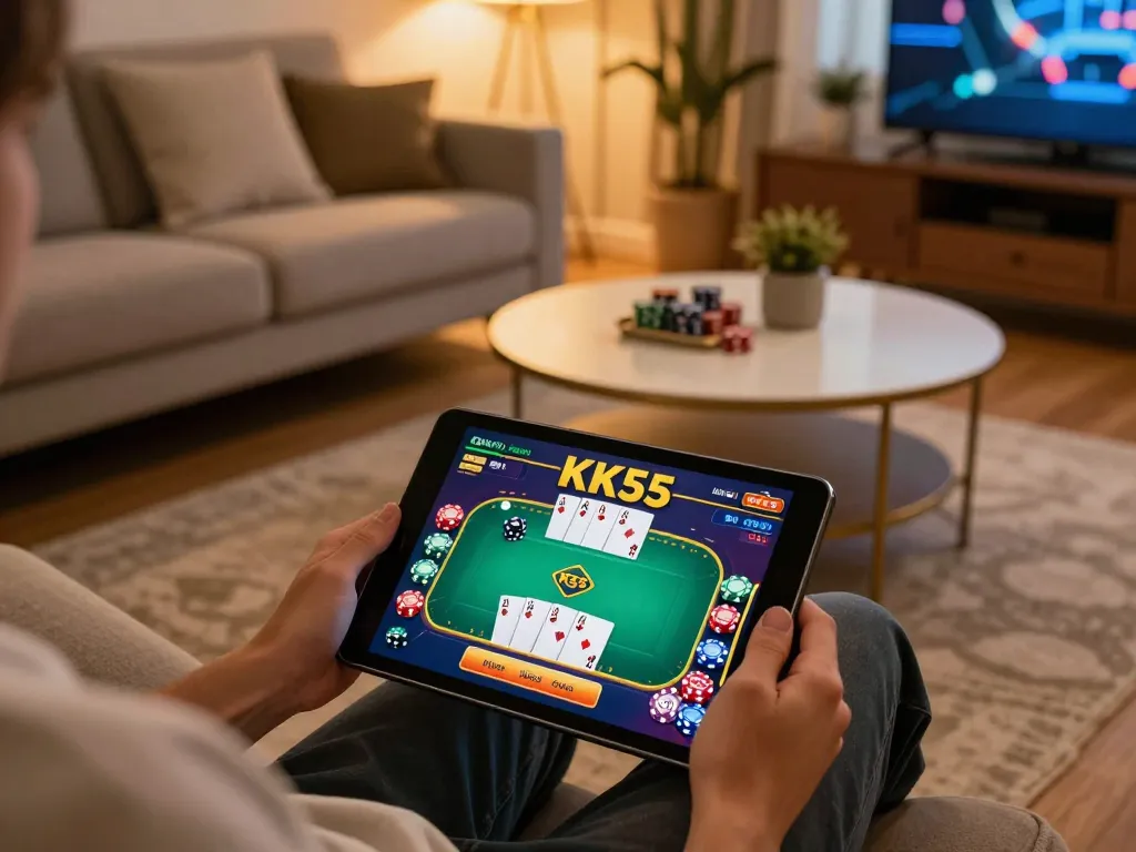 Engaged player using KK55 mobile app for online casino gaming on a tablet with poker interface.