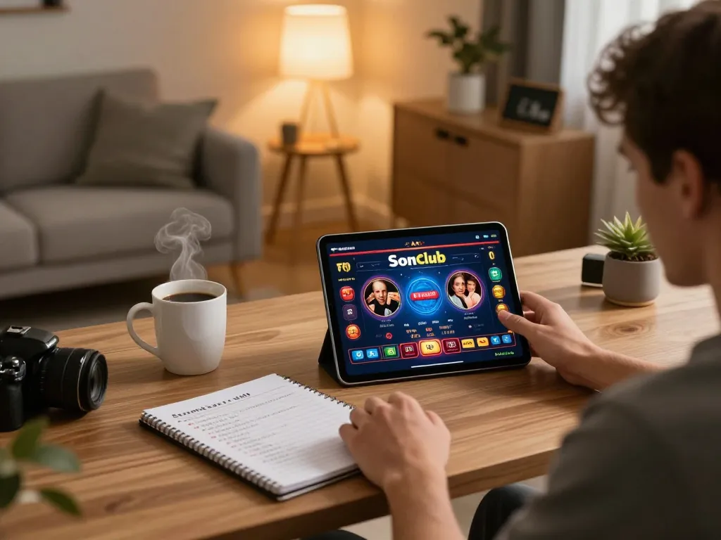 Player engaging with Sonclub casino app on tablet, demonstrating online gambling strategy.