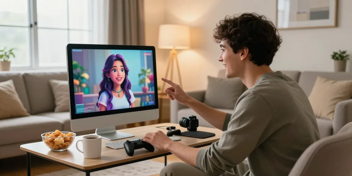 Man interacting joyfully with an ai girlfriend on-screen in cozy living room.